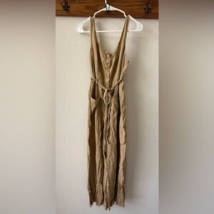 American Eagle Linen-Blend Button-Up Jumpsuit in Tan